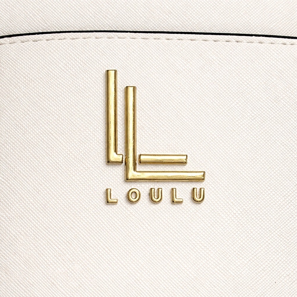 Loulu White Saffiano Faux Leather Top Handle Purse with Black Handles Gold Logo - Picture 6 of 11